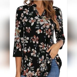 BAISHENGGT Womens 3/4 Sleeve Floral Printed Notch V Neck Blouses Tunics Top XXL